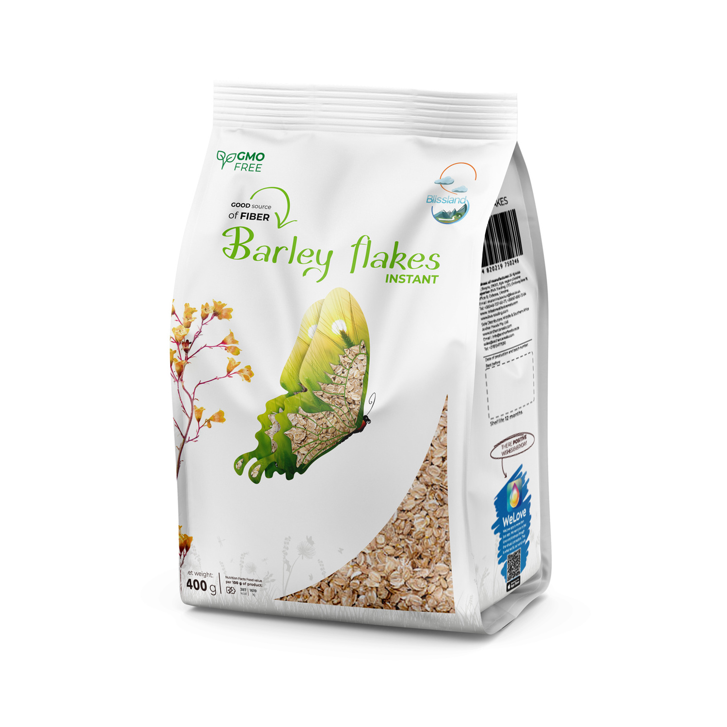 Barley flakes of instant cooking breakfast cereal