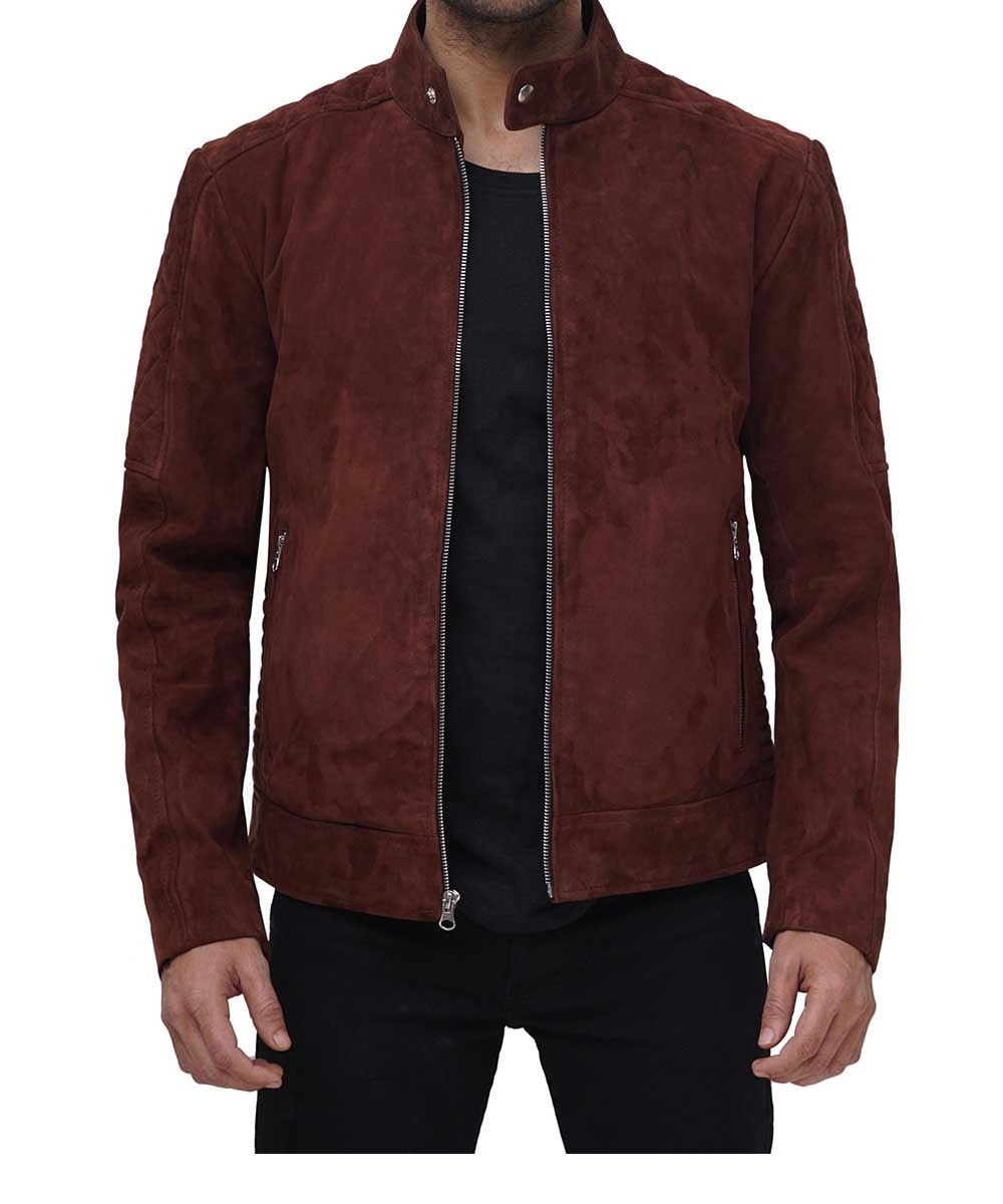 Mens Red Brown Suede Bomber Jacket High Quality Leather Suede Biker Jacket Perfect for all season Suede Leather Bomber Jacket