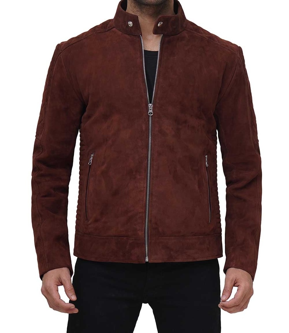 Mens Red Brown Suede Bomber Jacket High Quality Leather Suede Biker Jacket Perfect for all season Suede Leather Bomber Jacket