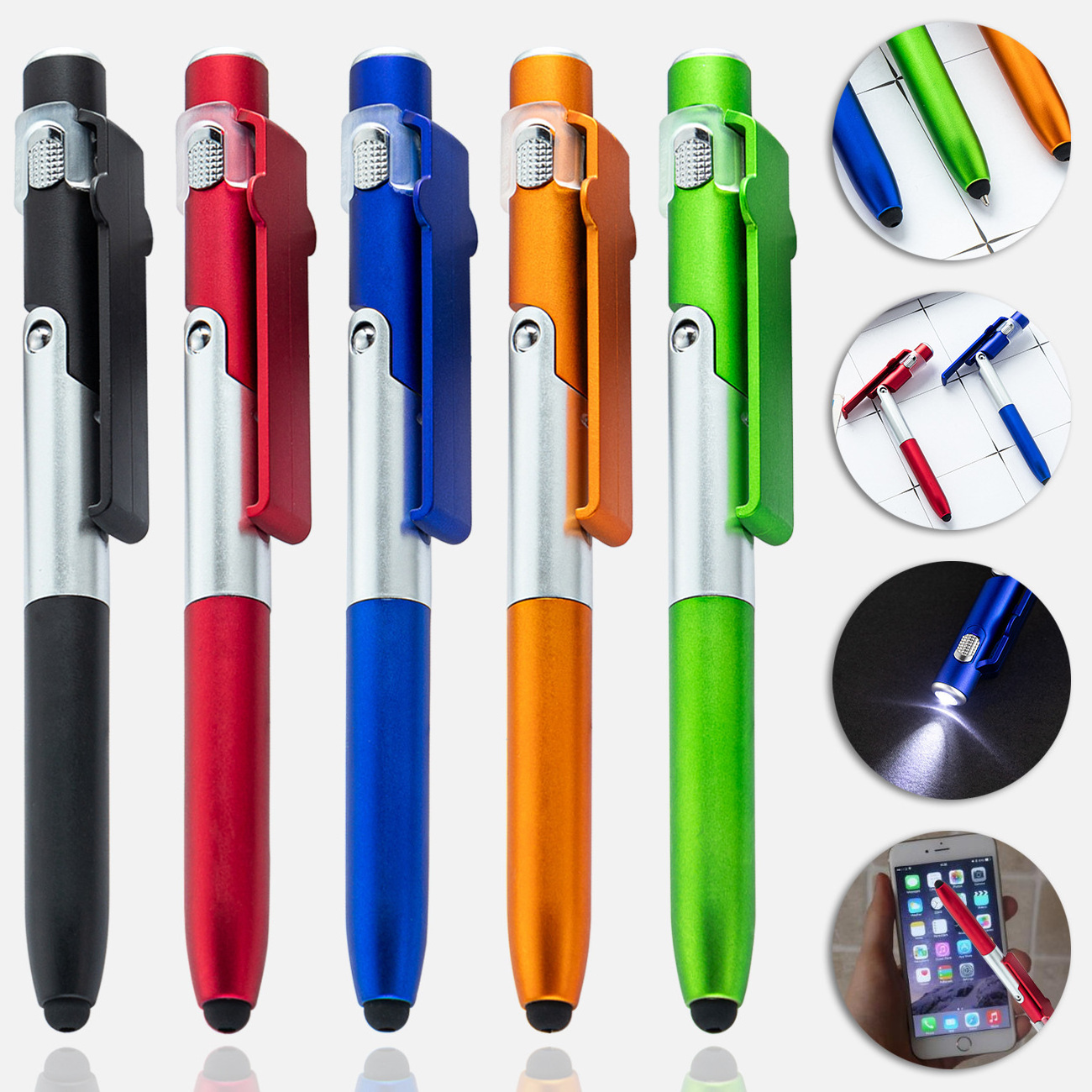 Multi-function mobile phone stand LED light touch screen capacitance tool ballpoint pen custom lamp ball pen with logo