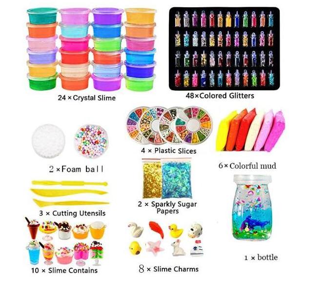 Bview Art 108 Pcs Air Dry Clay Crystal Clear Slime, Glitter, Slime Charms, Fruit Slices Slime Kit for Girls Boys and Kids with