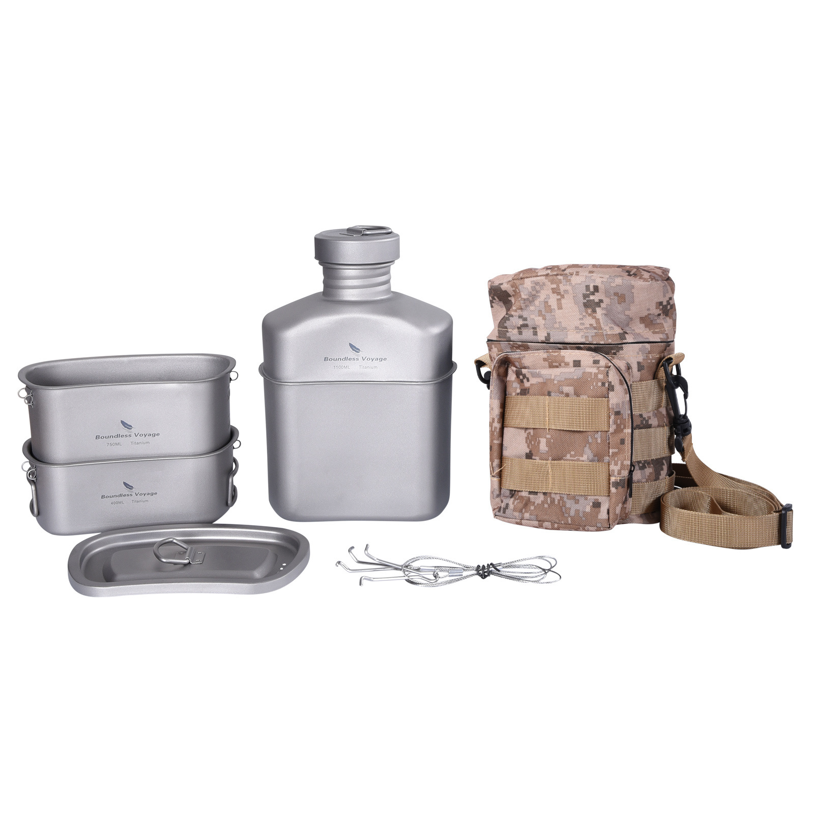 Boundless Voyage 3pcs Titanium Drinking Water Bottle Canteen Mess Tin Cup Mug Mess Kit Carry Pouch Hiking Survival OEM