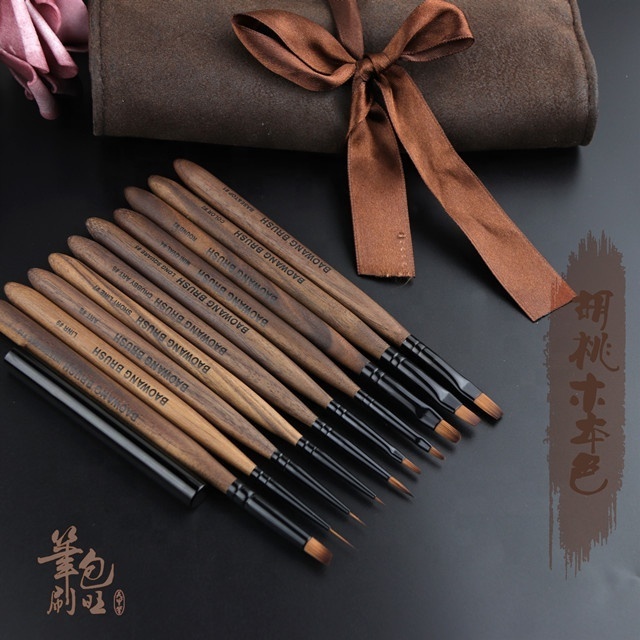 BW7 Baowang 10pcs Walnut wood handle Series Imported synthetic nylon hair UV GEL Nail Art Polish Brush set for nail beauty