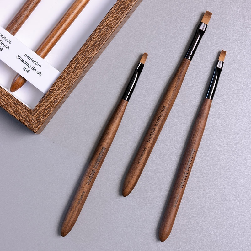 BW7-01 Hot Selling Custom Logo Gel Brush Flat Walnut Wood High Quality Nylon PBT Hair Nail Art Brush Set Custom Nail Supplies