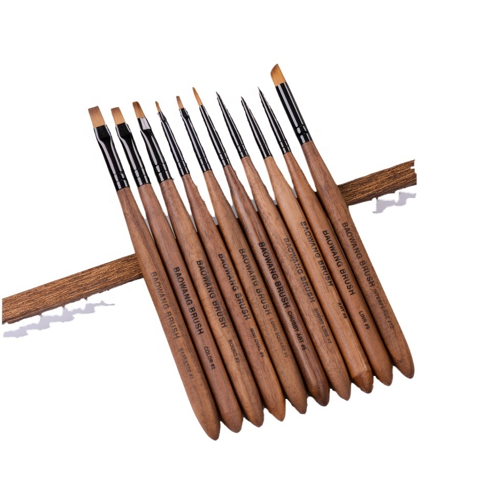 BW7-01 Hot Selling Custom Logo Gel Brush Flat Walnut Wood High Quality Nylon PBT Hair Nail Art Brush Set Custom Nail Supplies