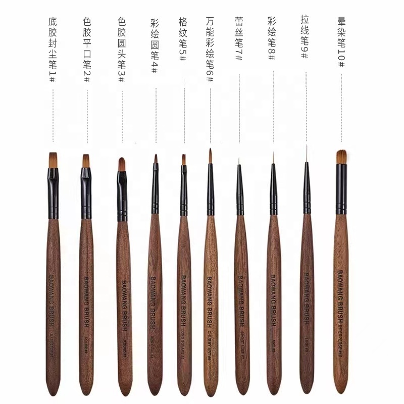 BW7 Baowang 10pcs Walnut wood handle Series Imported synthetic nylon hair UV GEL Nail Art Polish Brush set for nail beauty