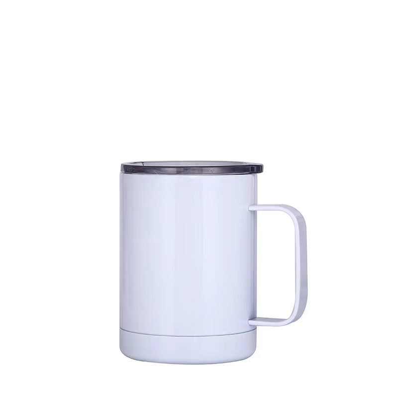 Custom Logo 12 oz Powder Coated Insulated Stainless Steel Coffee Mugs Handle Double Wall Vacuum Tumbler Cup With Lid