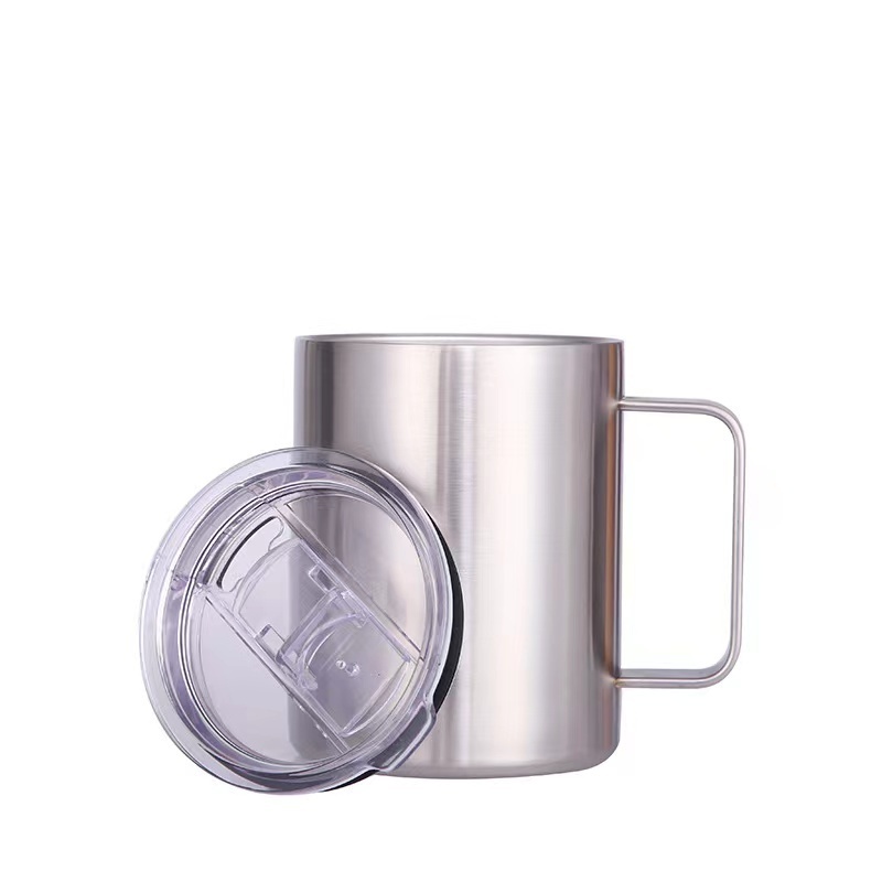 Custom Logo 12 oz Powder Coated Insulated Stainless Steel Coffee Mugs Handle Double Wall Vacuum Tumbler Cup With Lid