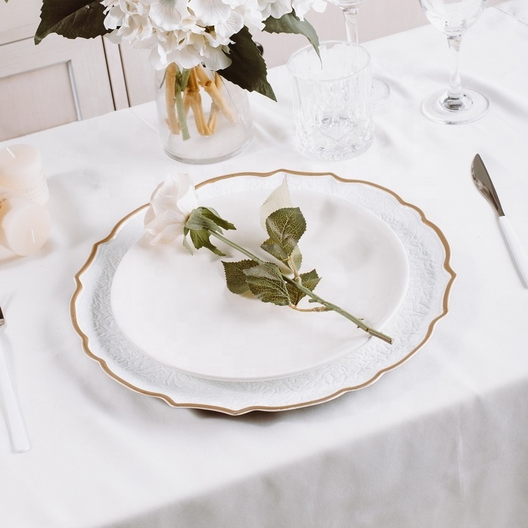 Gold Rim Pearl White Color Underplate Wedding Bulk Plastic Charger Plates  Charger Plates With Gold Rim