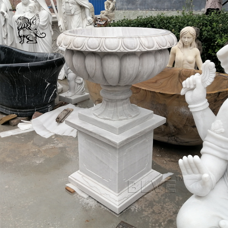 BLVE Handcarved Outdoor Decorative Large Stone Relief Urn Pots Garden Vases White Marble Flower Pots & Planters