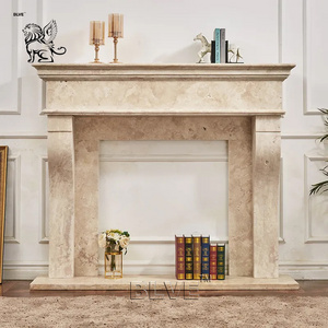 BLVE Indoor Decoration Modern Style Natural Stone Fireproof Material Beige Travertine Stone Fireplace Mantel