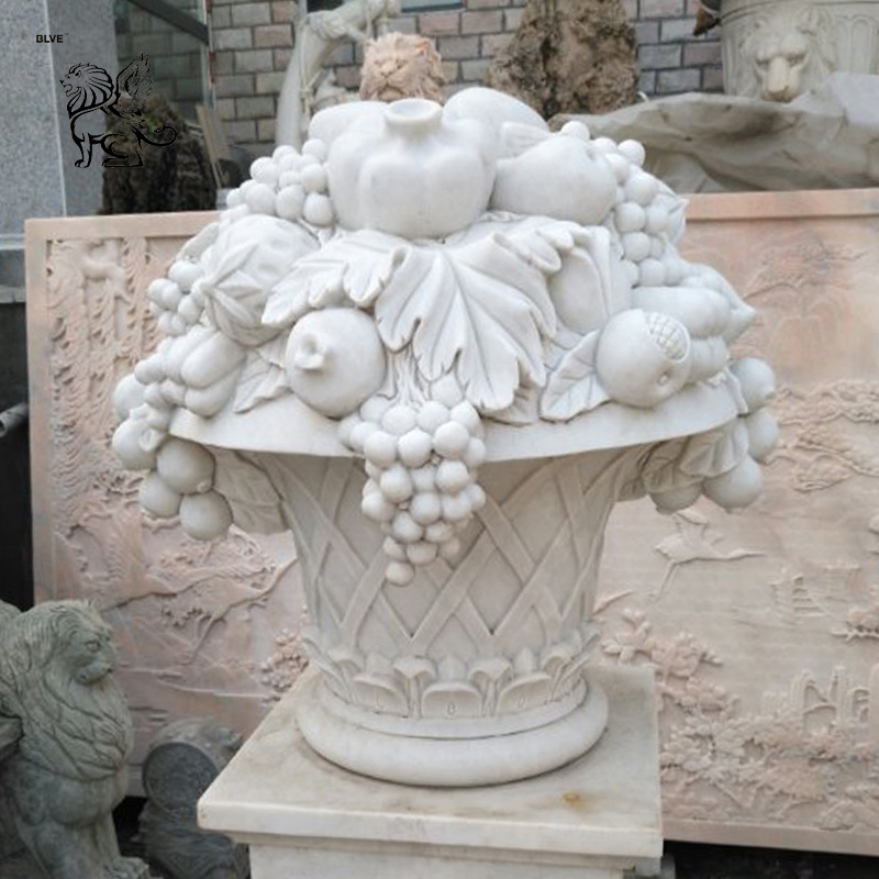 BLVE Handcarved Outdoor Decorative Large Stone Relief Urn Pots Garden Vases White Marble Flower Pots & Planters