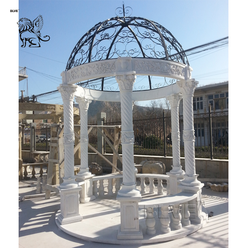 Outdoor Round Metal Roof White Marble Garden Pavilion Stone Gazebo