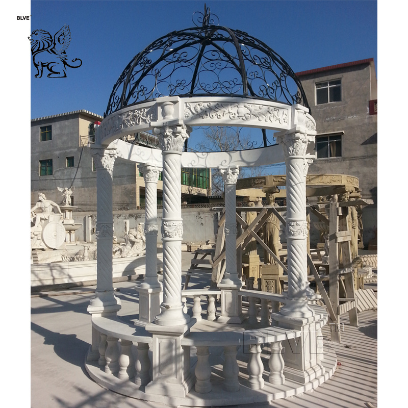 Outdoor Round Metal Roof White Marble Garden Pavilion Stone Gazebo