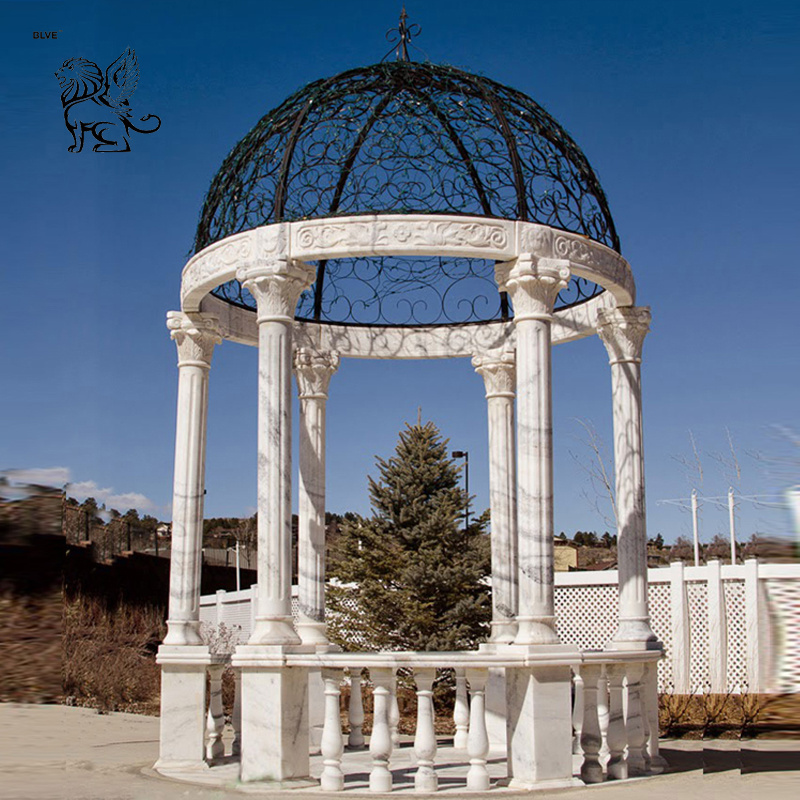 Outdoor Round Metal Roof White Marble Garden Pavilion Stone Gazebo