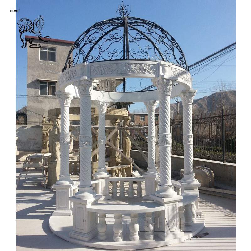 Outdoor Round Metal Roof White Marble Garden Pavilion Stone Gazebo