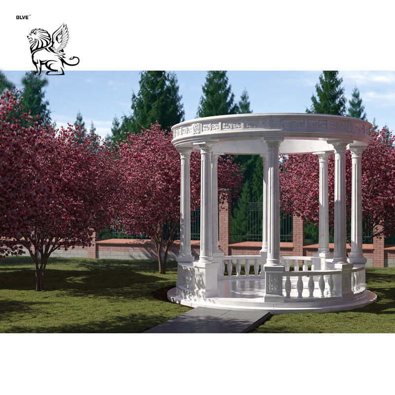 Modern Large Outdoor Wedding Ornaments Natural Stone Hand Carving Garden Pavilion White Roman Relief Statues Marble Gazebo