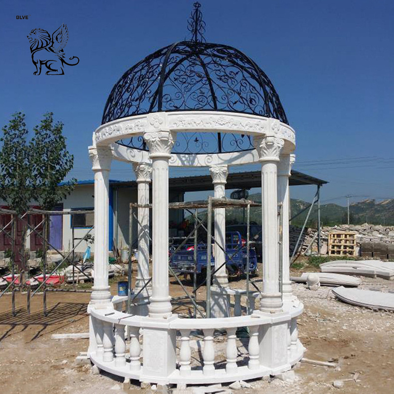 Modern Large Outdoor Wedding Ornaments Natural Stone Hand Carving Garden Pavilion White Roman Relief Statues Marble Gazebo