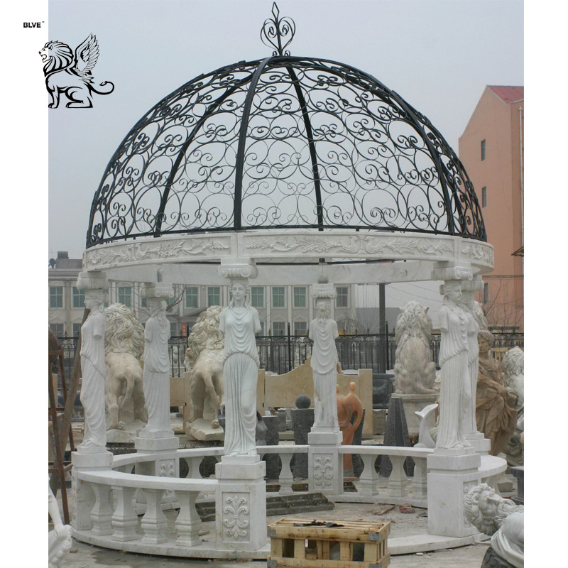 Modern Large Outdoor Wedding Ornaments Natural Stone Hand Carving Garden Pavilion White Roman Relief Statues Marble Gazebo