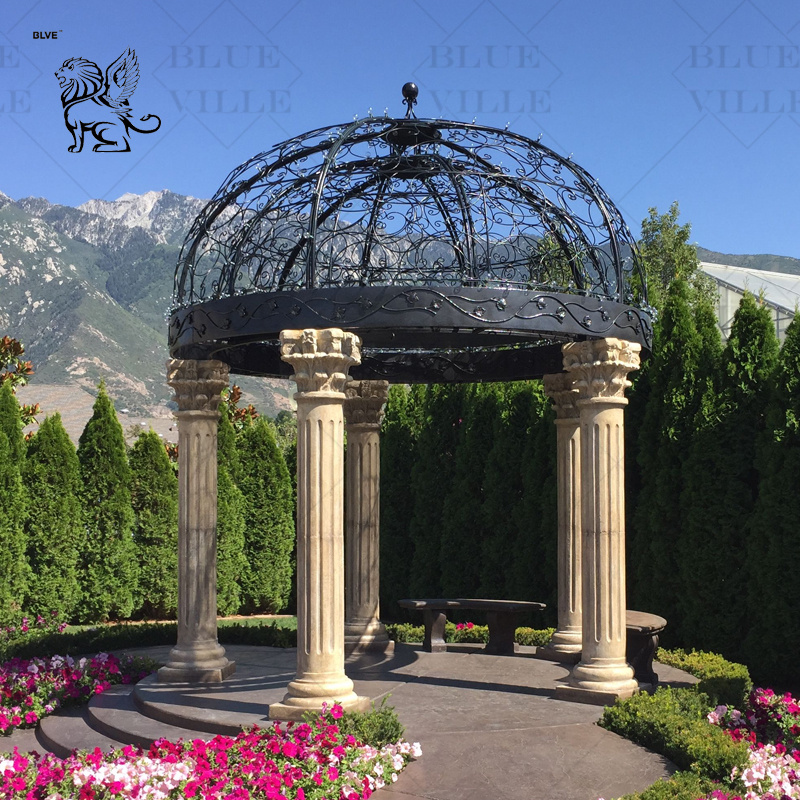 BLVE Large Classical Outdoor Garden City Project Lady Columns Natural Stone Square Pavilion Beige Marble Gazebo