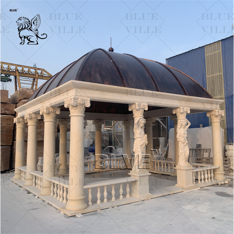 BLVE Outdoor Garden Decor European Style Cream Marble Gazebo Metal Iron Top Wedding Pavilion