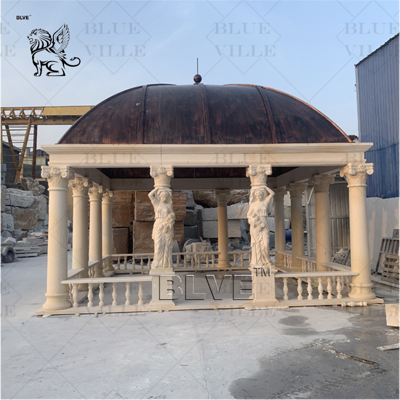 BLVE Outdoor Garden Decor European Style Cream Marble Gazebo Metal Iron Top Wedding Pavilion