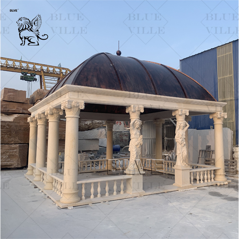 BLVE Outdoor Garden Decor European Style Cream Marble Gazebo Metal Iron Top Wedding Pavilion