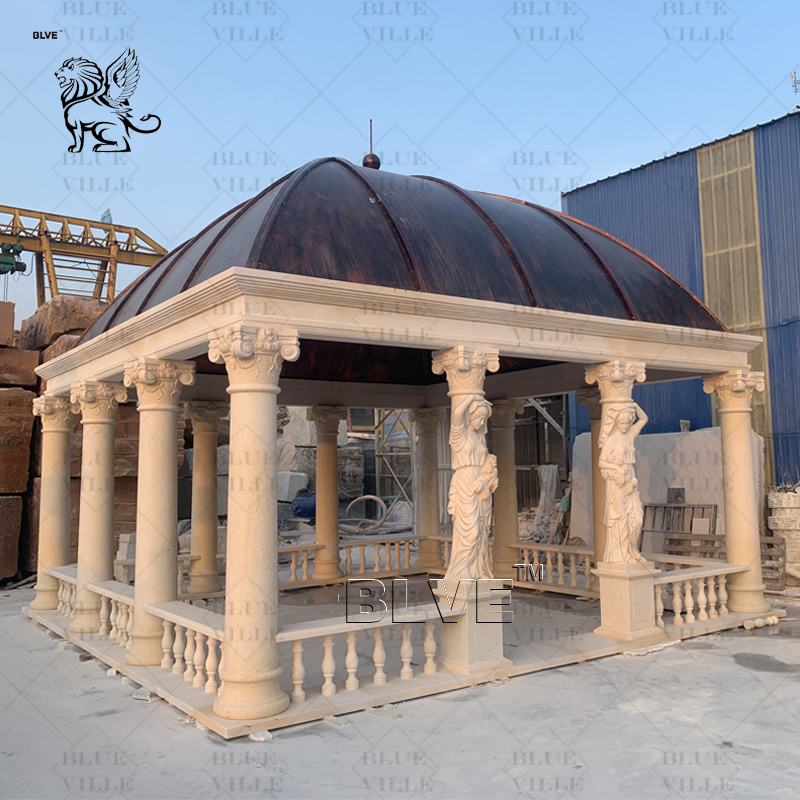 BLVE Customized Large Garden Decoration Natural Stone Carving Women Pillars Pavilion Outdoor Beige Marble Gazebo