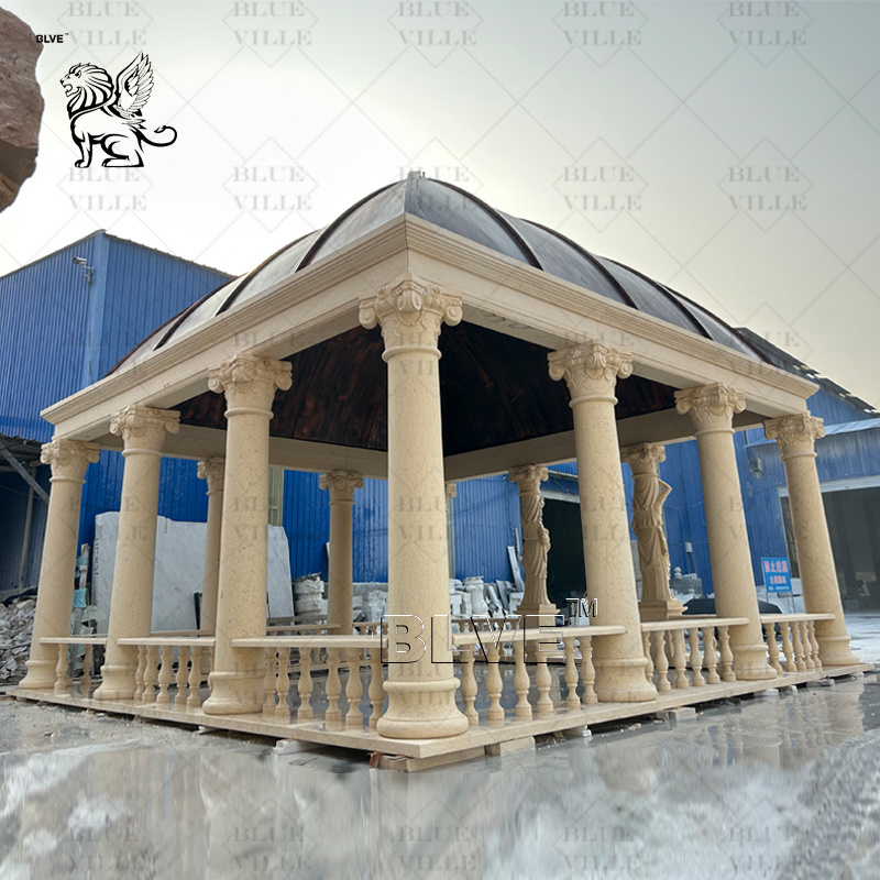 BLVE Customized Large Garden Decoration Natural Stone Carving Women Pillars Pavilion Outdoor Beige Marble Gazebo