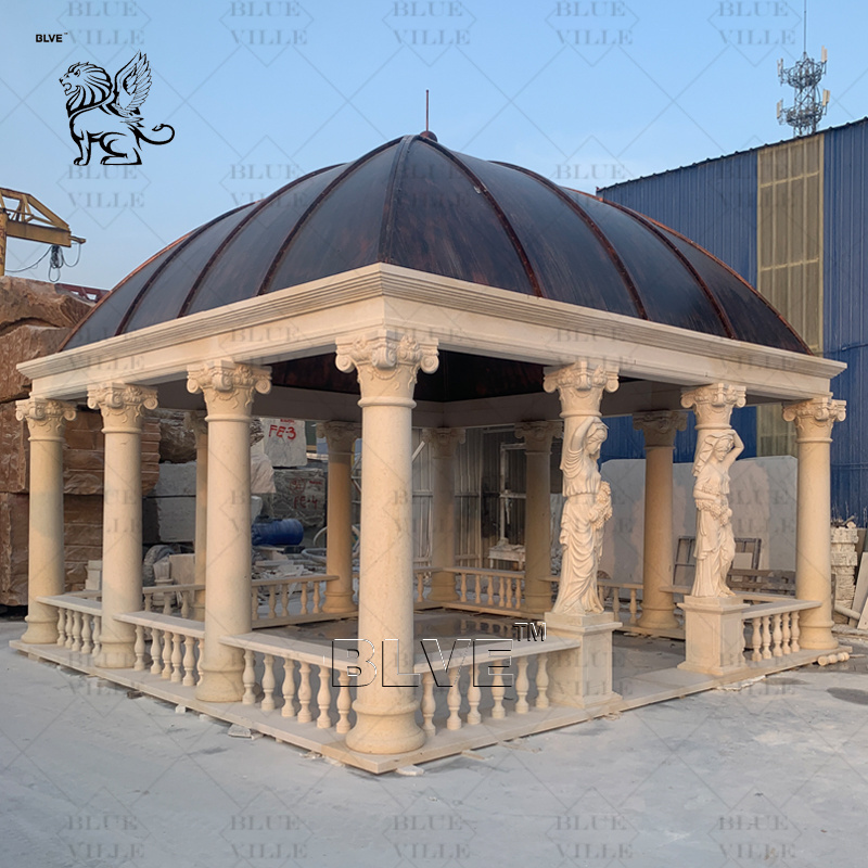 BLVE Customized Large Garden Decoration Natural Stone Carving Women Pillars Pavilion Outdoor Beige Marble Gazebo