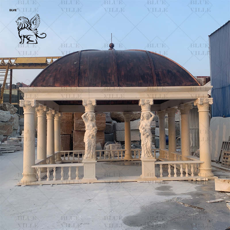 BLVE Customized Large Garden Decoration Natural Stone Carving Women Pillars Pavilion Outdoor Beige Marble Gazebo