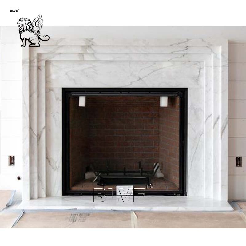 BLVE Indoor Decorative Hand Carved Modern Natural Stone Mantel French White Marble Fireplace Surround