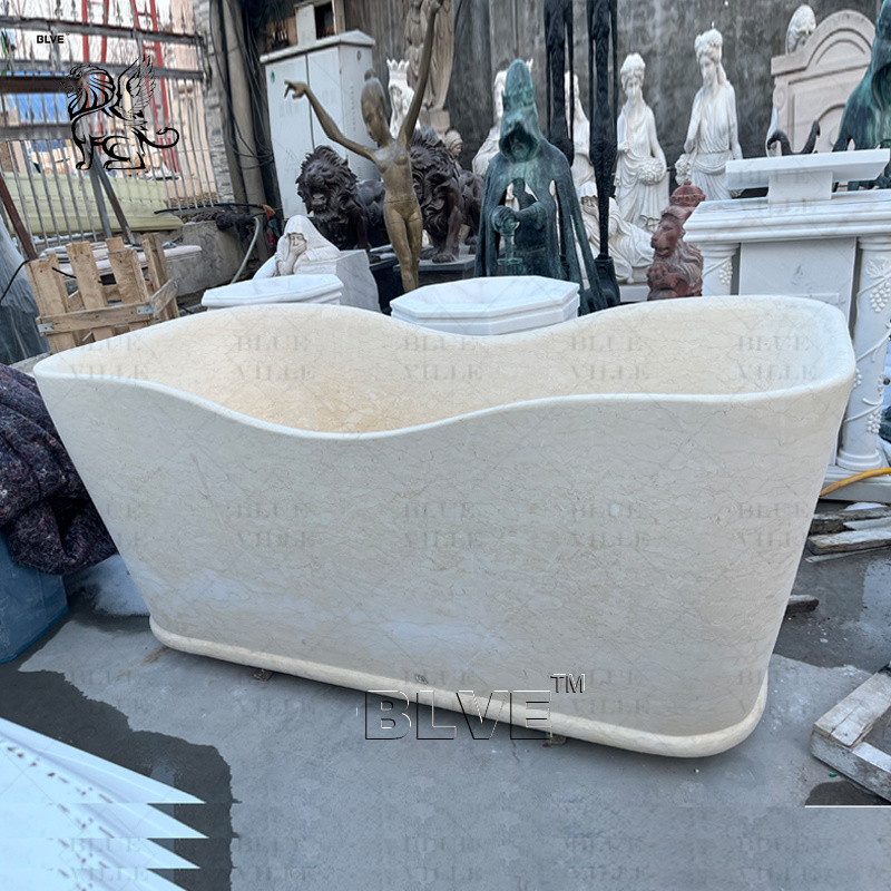 BLVE European Style Decorative Hotel Luxury Cream Natural Stone Elegant Bathtub Freestanding Marble Bathtub