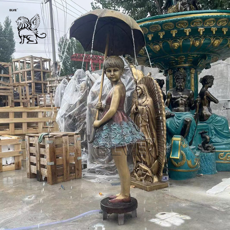 BLVE Modern Art Design Outdoor Decoration Metal Beautiful Life Size Bronze Umbrella Girl Statues Garden Water Fountain