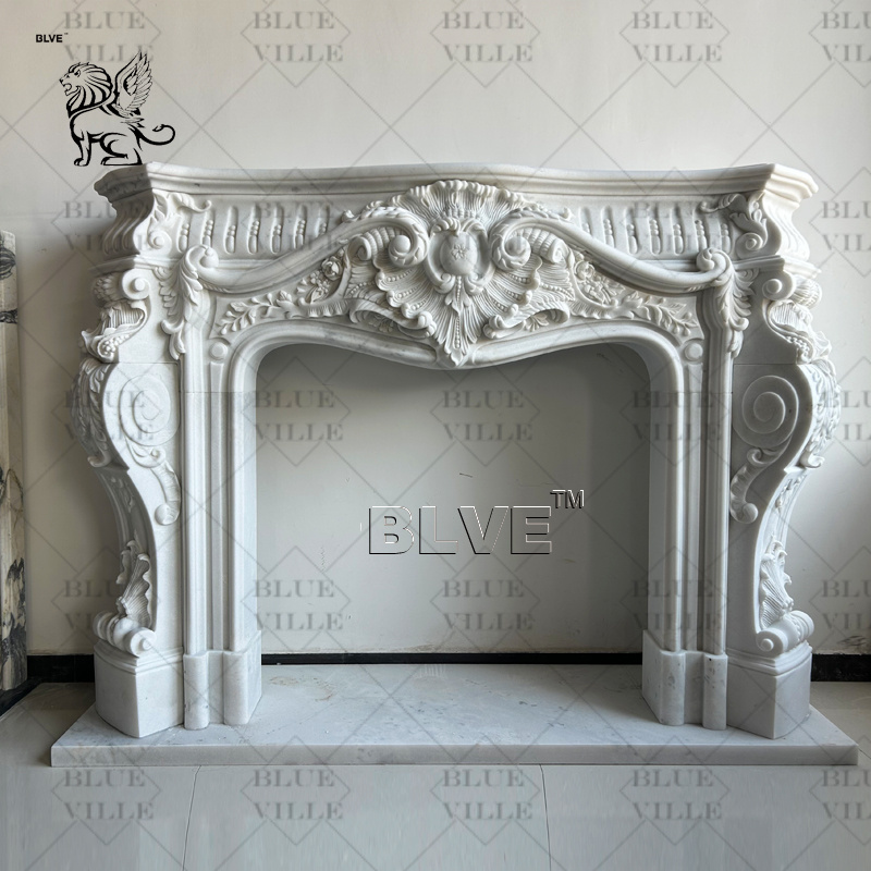 BLVE Modern Design Luxury Home Decor Beige Travertine Stone Lions French Style Fireplace Mantel Marble Fireplace