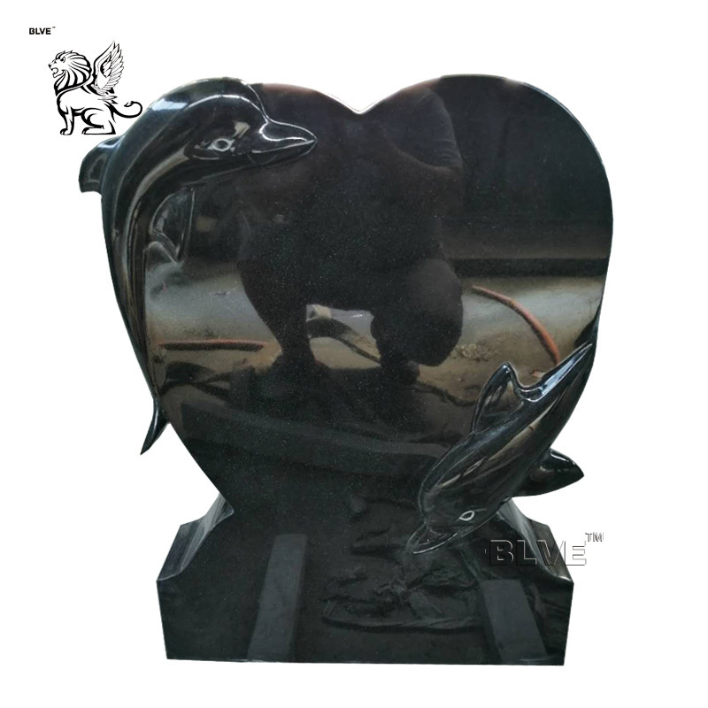 New Design Hand Carving Natural Stone Dolphin Sculpture Heart Shape Black Galaxy Tombstone Marble Headstone