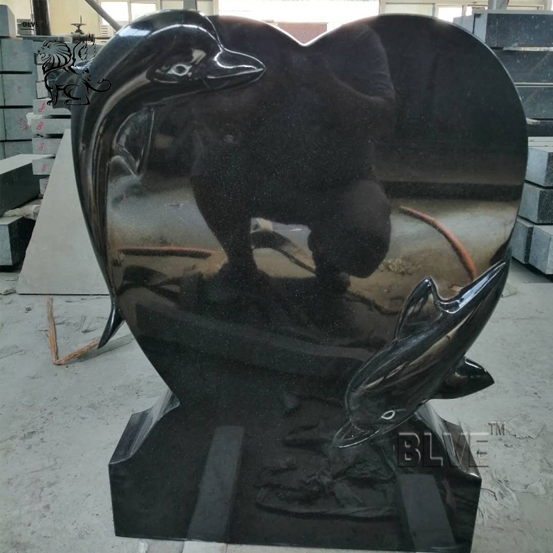 New Design Hand Carving Natural Stone Dolphin Sculpture Heart Shape Black Galaxy Tombstone Marble Headstone