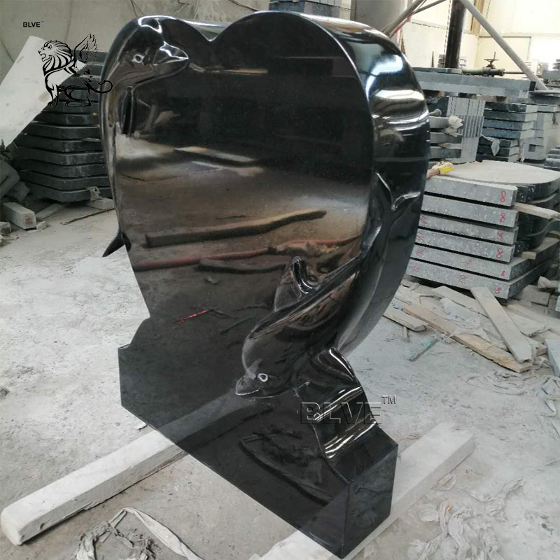 New Design Hand Carving Natural Stone Dolphin Sculpture Heart Shape Black Galaxy Tombstone Marble Headstone