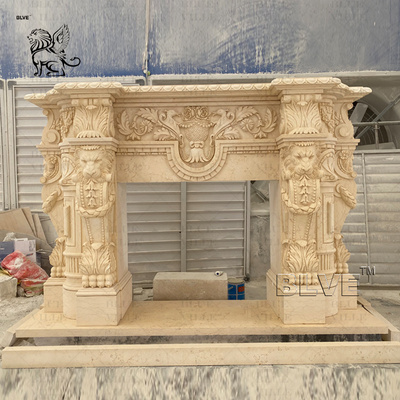 BLVE Modern Design Luxury Home Decor Beige Travertine Stone Lions French Style Fireplace Mantel Marble Fireplace