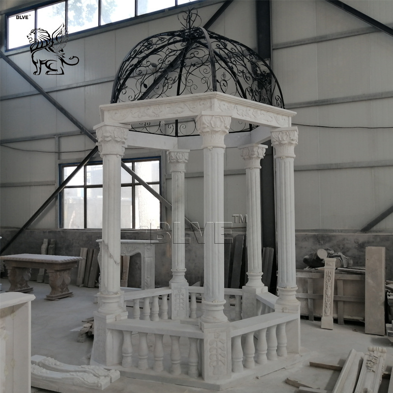 Outdoor Decorative Garden Large Metal Roof White Marble Pavilion Natural Stone Gazebo