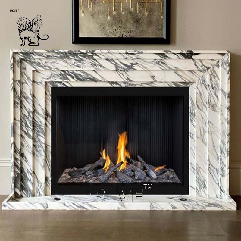 BLVE Indoor Decorative Hand Carved Modern Natural Stone Mantel French White Marble Fireplace Surround