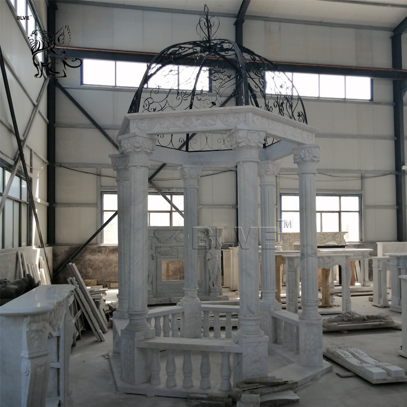 Outdoor Decorative Garden Large Metal Roof White Marble Pavilion Natural Stone Gazebo