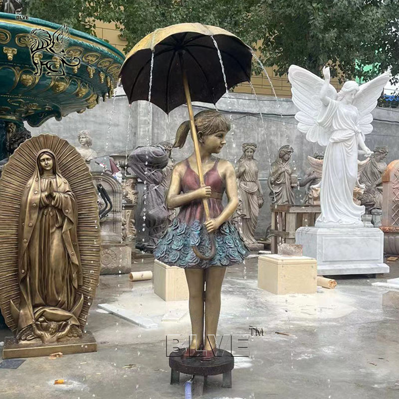 BLVE Modern Art Design Outdoor Decoration Metal Beautiful Life Size Bronze Umbrella Girl Statues Garden Water Fountain