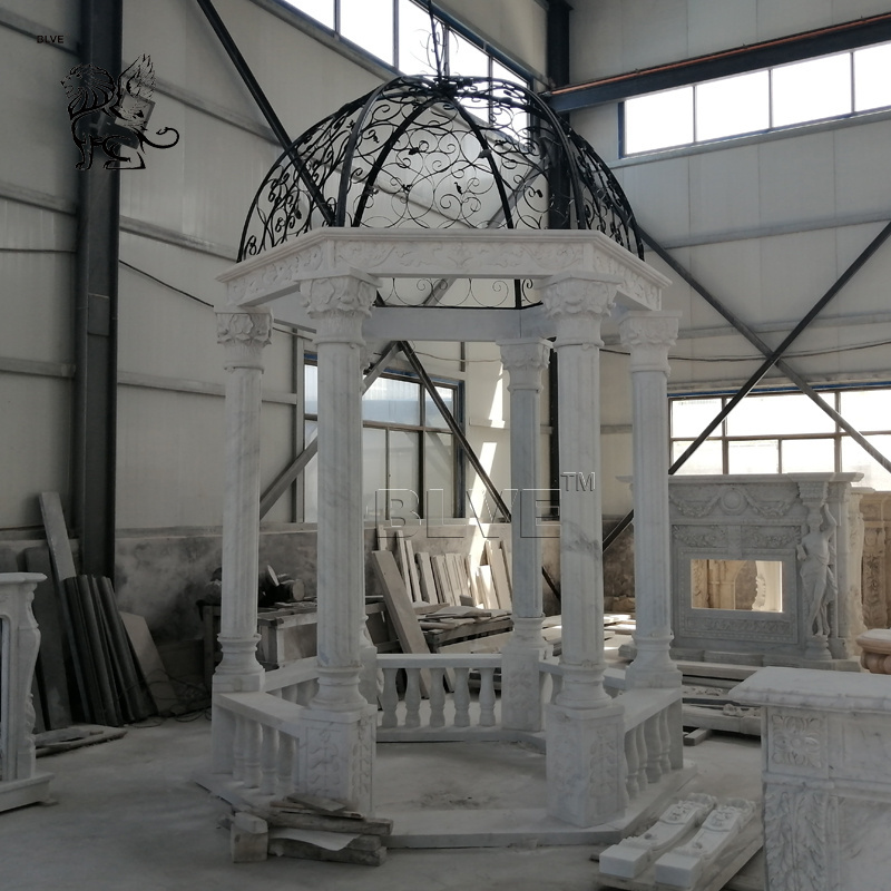 Outdoor Decorative Garden Large Metal Roof White Marble Pavilion Natural Stone Gazebo