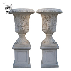 BLVE Handcarved Outdoor Decorative Large Stone Relief Urn Pots Garden Vases White Marble Flower Pots & Planters