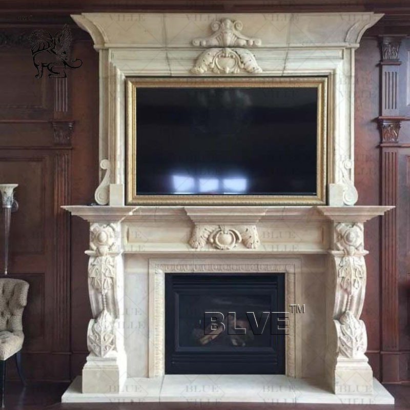 BLVE Indoor Home Villa Decoration Freestanding Hand Carved Stone Fireplace Surround White Marble Fireplace Mantle