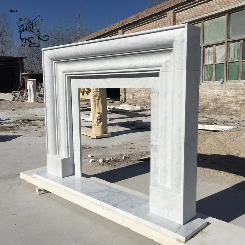 Decorative Indoor Freestanding Fire Place Mantel Hand Carved European Style Simple White Marble Fireplace