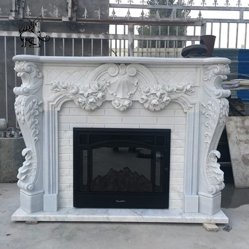 Decorative Indoor Freestanding Fire Place Mantel Hand Carved European Style Simple White Marble Fireplace