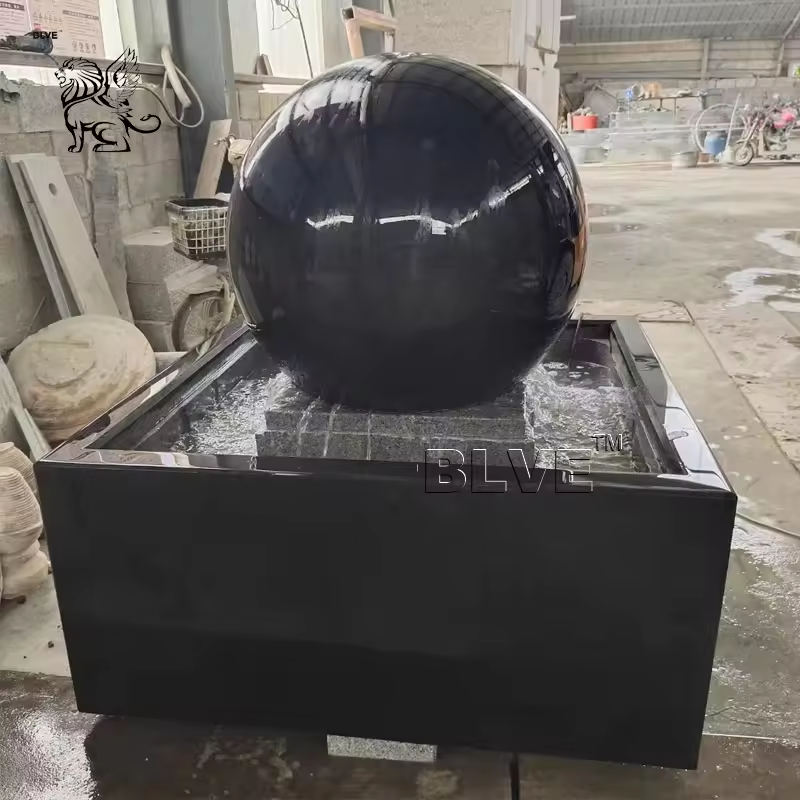 BLVE Garden Decorative  Large Feng Shui Natural Stone Floating Sphere Pool Fountain Black Marble Rotating Ball Fountains