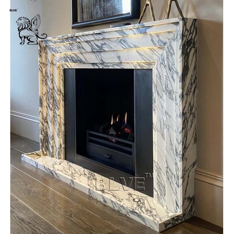 BLVE Indoor Decorative Hand Carved Modern Natural Stone Mantel French White Marble Fireplace Surround